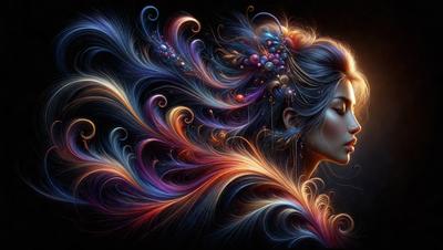 The primary subject of the image is a woman with long, flowing hair. She is wearing a headpiece and has a peaceful expression on her face. The setting is a dark room, and the visual style is a digital art or illustration. The colors and mood of the image are predominantly dark and moody, with the woman's hair being the main source of color.